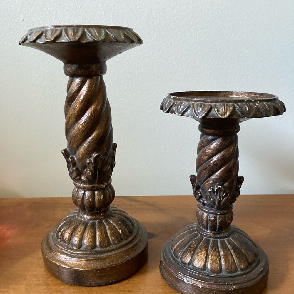 Antique bronze candle holders with twister details Heavy weight holders 8” & 6”